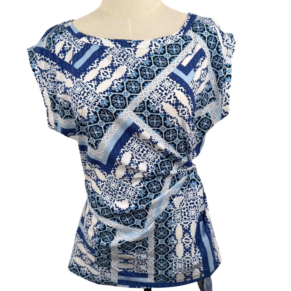 New York Company M Blouse Blue White Tile Print Wrap Side Tie Office Patchwork